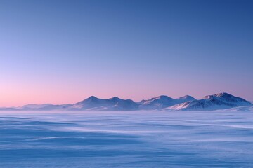 Greenland polar landscape with endless snow plains and distant mountains under pastel sunrise sky, minimalism