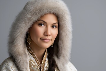 Cultural portrait of Inuit woman wearing traditional beaded clothing and fur hood, neutral background, studio style lighting, indigenous culture representation