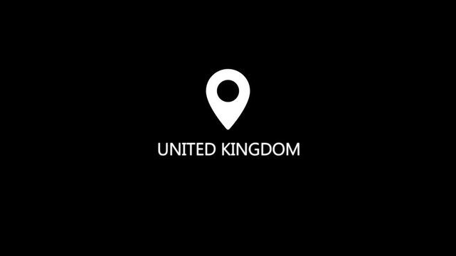 A simple white map pin is centrally placed on a black background with the text UNITEDKINGDOM written in white sans-serif font beneath it