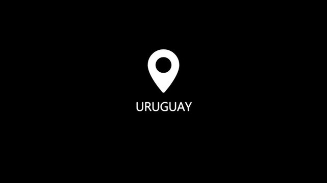 A white map pin is centrally positioned on a black background with the text URUGUAY written in white sans-serif font beneath it, signifying a