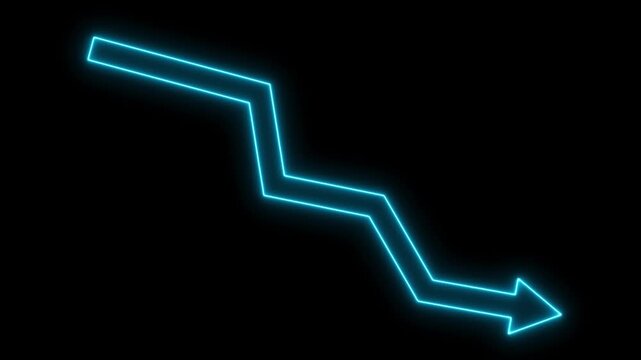 Abstract glowing neon downward graph with arrow indicating decline, loss, and negative trends on a dark background.