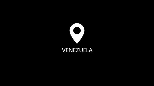 A simple white map pin is centrally positioned on a black background with the country name VENEZUELA written in white text directly below the