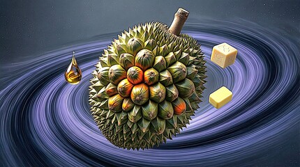 Surreal Concept of Tropical Fruit and Golden Oil Drops in Space for Future Food Technology Innovation.