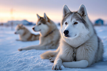 Inuit dog sled team resting near arctic settlement at sunset, warm light contrasting cold environment, traditional transportation