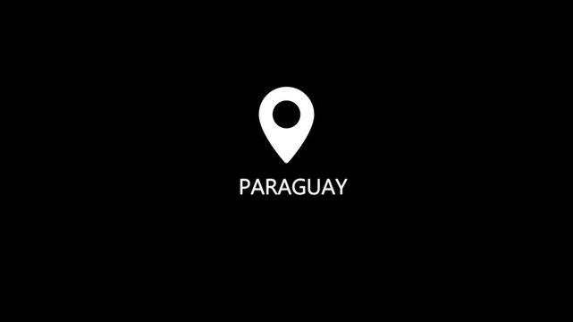 A white map pin centered on a black background with the word PARAGUAY displayed in white sans-serif capital letters underneath