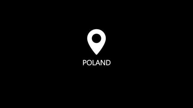 White location pin with the text POLAND centered below on a solid black background representing a geographical marker for the country Keywords