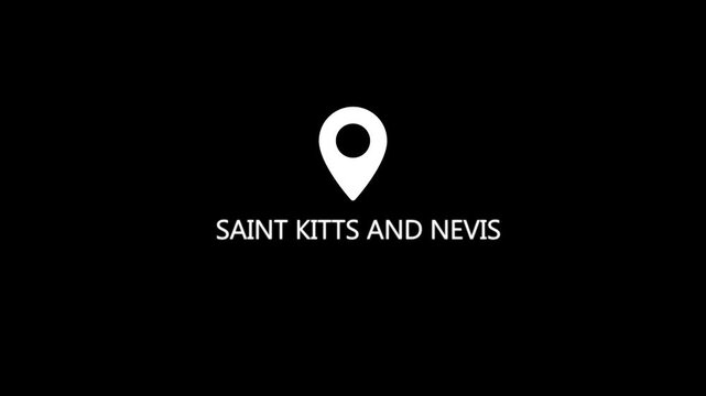 A simple with a white map pin and the text SAINTKITSANDNEVIS in white sans-serif font centered on a black background signifying a