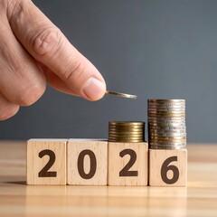 Hand adds coin to stacked money on "2026" blocks, rising graph