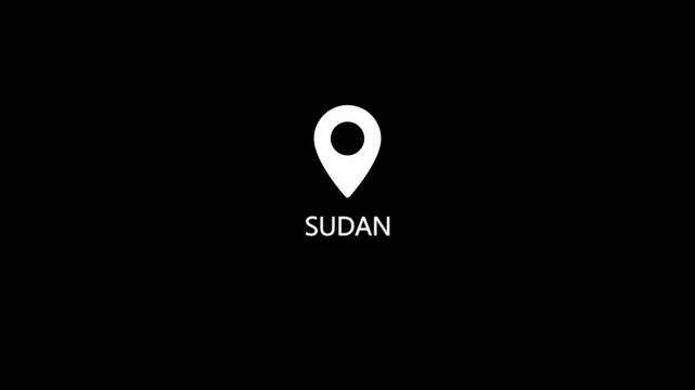 White location pin centered above the word SUDAN in white text on a solid black background indicating a geographical marker Keywords: Sudan, location