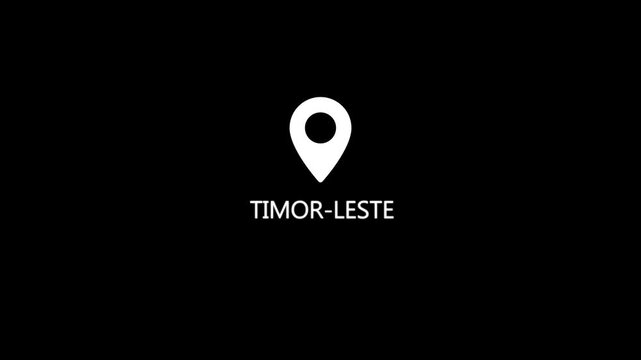 A minimalist white map marker centered on a solid black background with the text TIMOR- LESTE below it in white sans-serif font