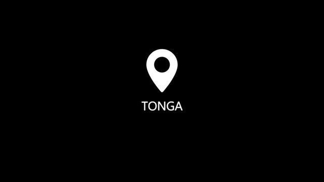 A white map pin centered on a black background with the word TONGA written in white sans-serif font directly underneath it