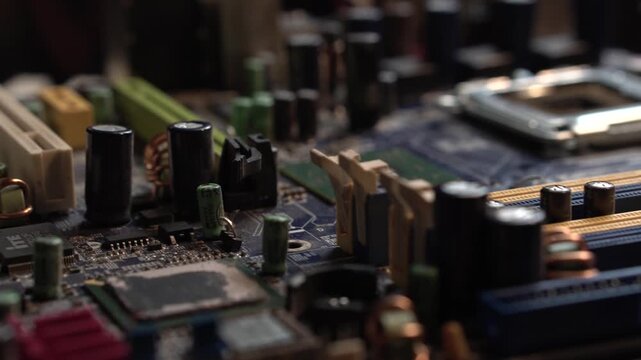 Motherboard of Desktop Computer, Close Up of Sockets and Electronic Elements