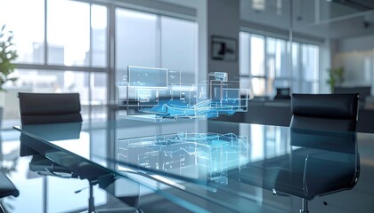 Holographic tech project visualized on conference table in a modern office
