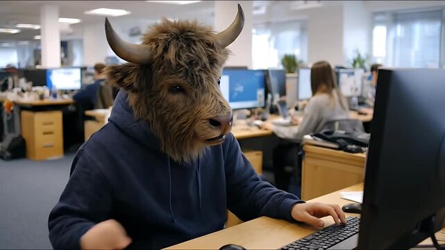 A person wearing a bovid mask works intently on a computer in a modern office environment with coworkers nearby, captured from a slightly elevated viewpoint.