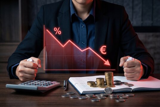 Stressed businesswoman clenching fists at desk with red downward graph showing euro currency crash
