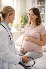 Pregnant woman smiling during a check-up with her doctor