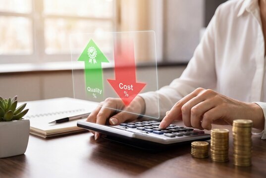 Businesswoman using calculator with hologram showing quality increase and cost reduction arrows