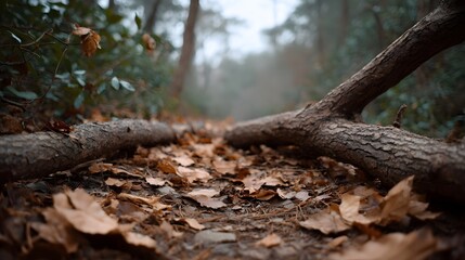 Obraz premium A fallen tree branch lies across a leaf strewn forest path inviting explo n into the misty woods