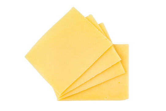 Square sliced mild creamy cheese isolated on white, Havarti Tilsit Gouda style dairy product for burgers toast and cooking