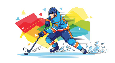 Ice Hockey Player in Action with Colorful Abstract Geometric Background, Illustrating Speed and Dynamic Movement