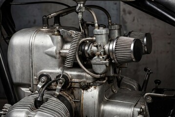 Obraz premium Vintage motorcycle engine close up showing carburetor and metallic mechanical components