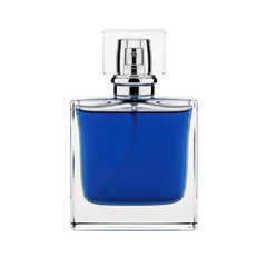 A luxurious perfume bottle with a sleek silver cap and vibrant blue liquid.