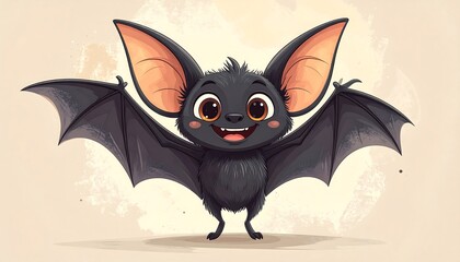 Adorable Cartoon Bat with Big Ears and Wings Spread Wide.