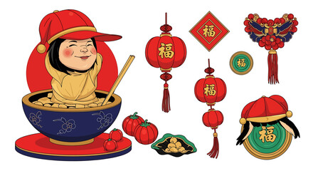 Joyful Character amidst Golden Ingots and Auspicious Chinese New Year Decorations, Symbolizing Prosperity and Good Fortune for Lunar Celebrations