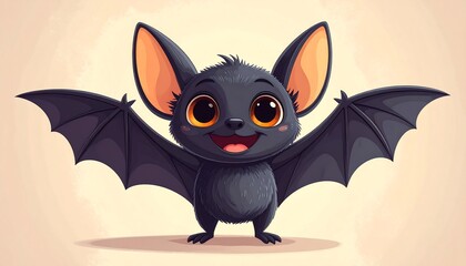 Adorable Cartoon Bat with Big Eyes and Spread Wings Illustration.