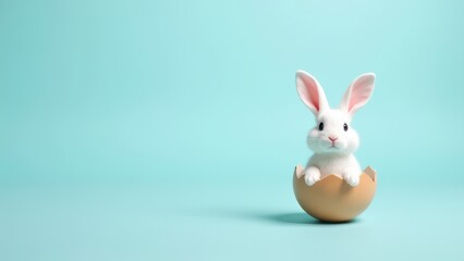 Obraz premium cute easter rabbit white bunny coming out of opened egg on light blue background with copy space
