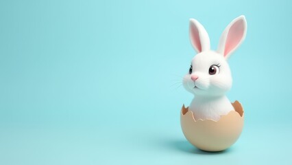 Obraz premium cute easter rabbit white bunny coming out of opened egg on light blue background with copy space