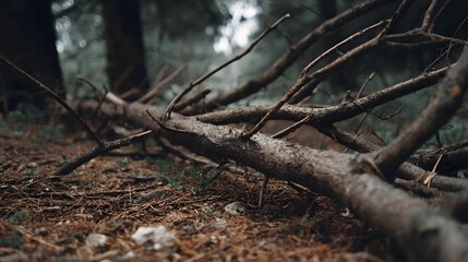 Fallen tree branches lie on the forest floor in a natural woodland setting