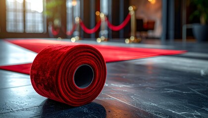 Roll of red carpet on marbled floor with velvet ropes in the background