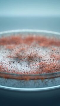 Vertical video: Showing shallow glass dish on lab bench, orange filaments moving to unseen magnet