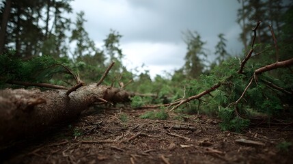 Obraz premium Fallen tree and debris scattered on a forest floor under an overcast sky indicating storm damage
