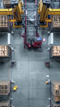 Vertical video: Aligning red stacker after sensor under racks in warehouse, hi-vis staff guiding