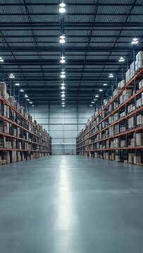 Vertical video: Starting camera moving down empty warehouse aisle, showing racks, boxes, LED lights