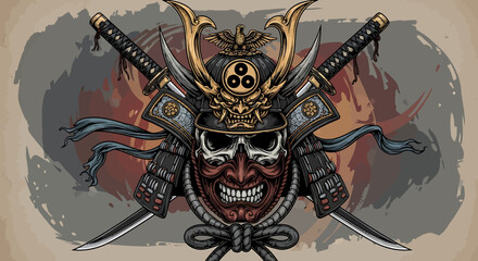Illustrative artwork featuring a Japanese samurai skull mask adorned with golden accents and crossed swords, set against a textured backdrop
