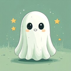 Adorable Cartoon Ghost with Big Eyes and Rosy Cheeks.