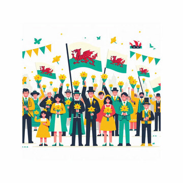 saint davids day wales people holding daffodils flat vector illustration