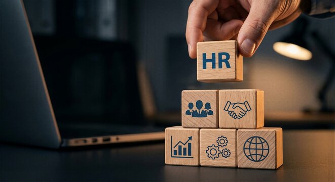 Human resources management concept with hand placing HR text block on top of business strategy pyramid structure