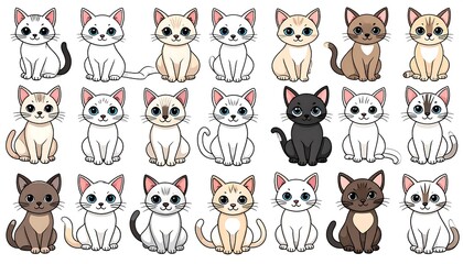 Adorable Collection of Cartoon Cats - A Variety of Breeds and Colors.