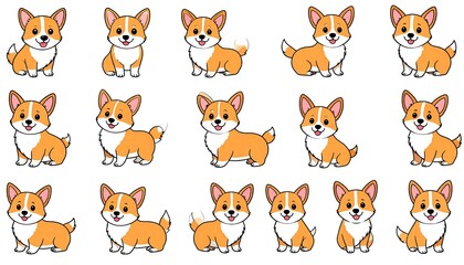Adorable Corgi Cartoon Collection - A Variety of Cute Poses.