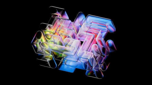 Abstract background with complex geometric maze of translucent glass, refracting bright neon light. Digital 3D illustration