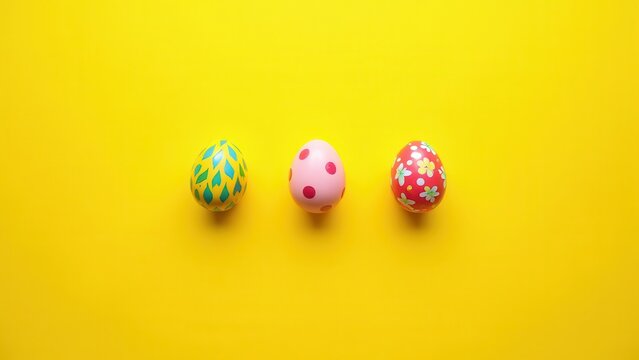 beautiful decorated easter eggs on yellow background flat lay spring holiday composition with colorful patterns festive minimal design