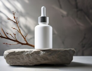 a white cosmetic jar with a pipette and space for text is positioned on a natural stone podium next to an elegant dry twig the scene emphasizes the naturalness of the product