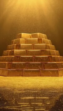 Vertical video: Shimmering tiered gold bars catching beams on sand as dust drifting, mirroring pool