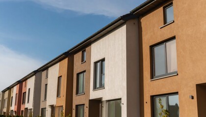 Obraz premium Row of Modern Townhouses with Colorful Facades and Windows.