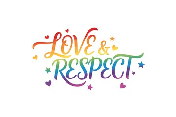 Love and Respect Rainbow Typography with Hearts and Stars on White Background