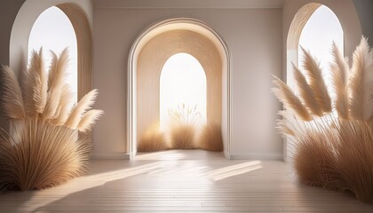 elegant interior scene with archways pampas grass and soft lighting for home decor presentations